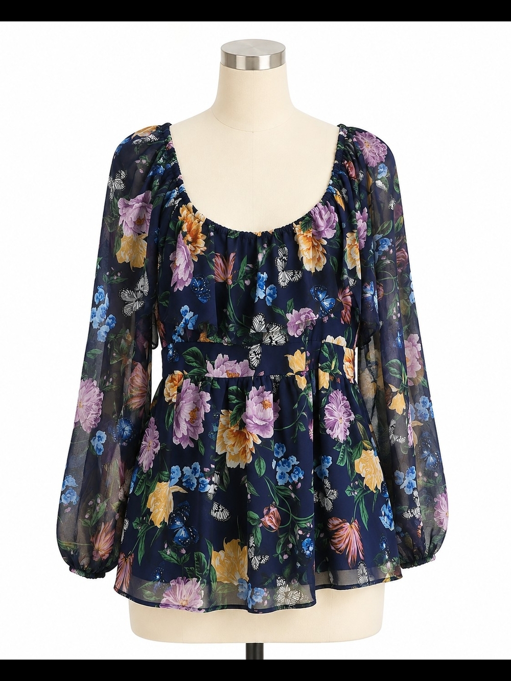 TORRID women’s blouse, size 2. Navy background with floral and butterfly print.